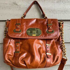 Badgley Mischka Brown Leather Satchel Crossbody with Gold Hardware